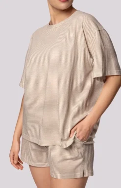 Mona bawełniana piżama damska ecru Stripe Short Sleeve