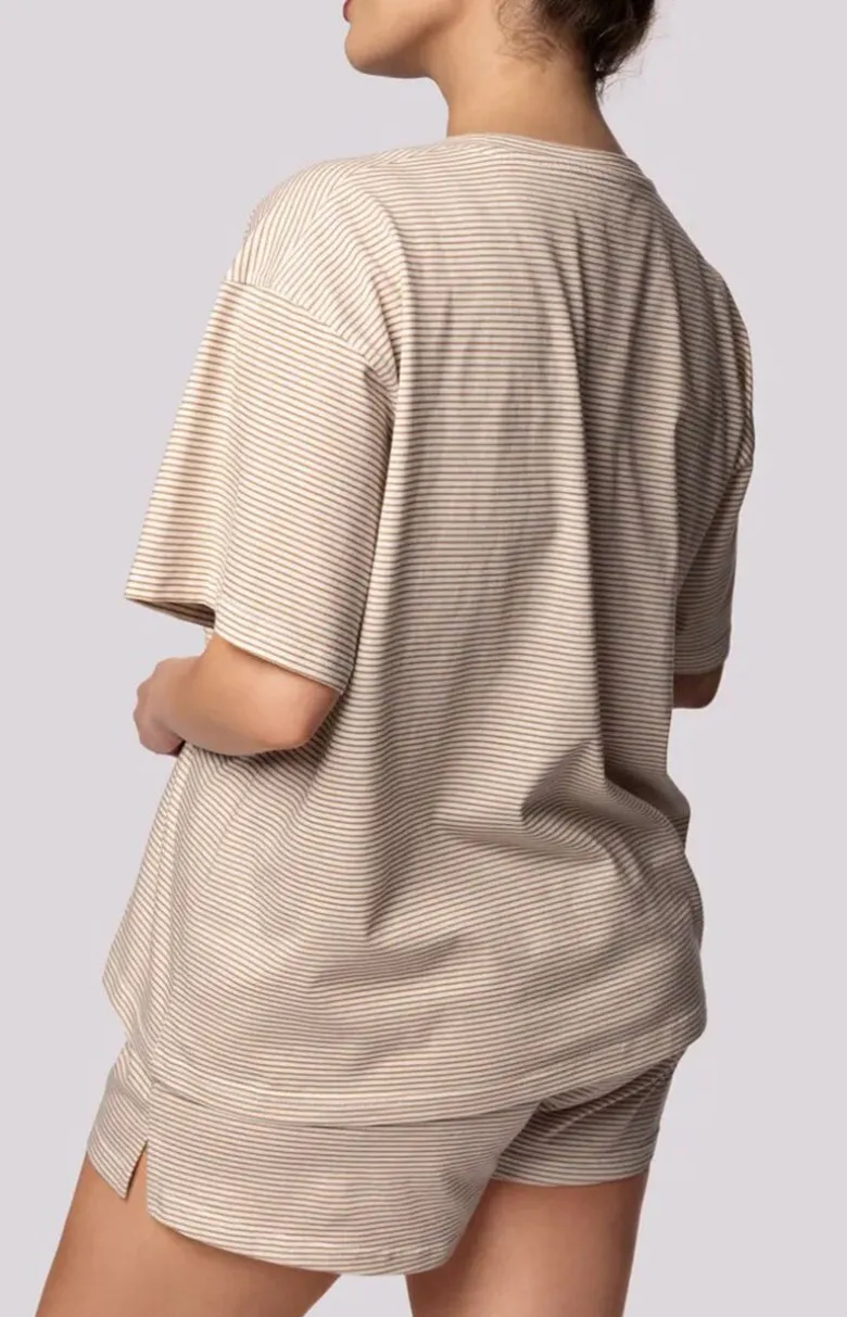 Mona bawełniana piżama damska ecru Stripe Short Sleeve