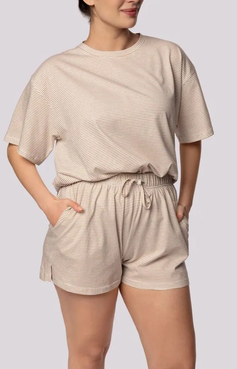 Mona bawełniana piżama damska ecru Stripe Short Sleeve
