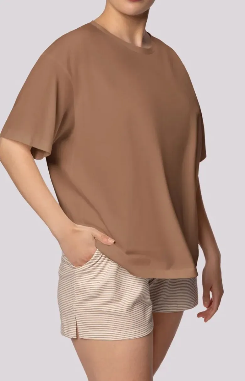 Mona bawełniana piżama damska karmel Stripe Short Sleeve