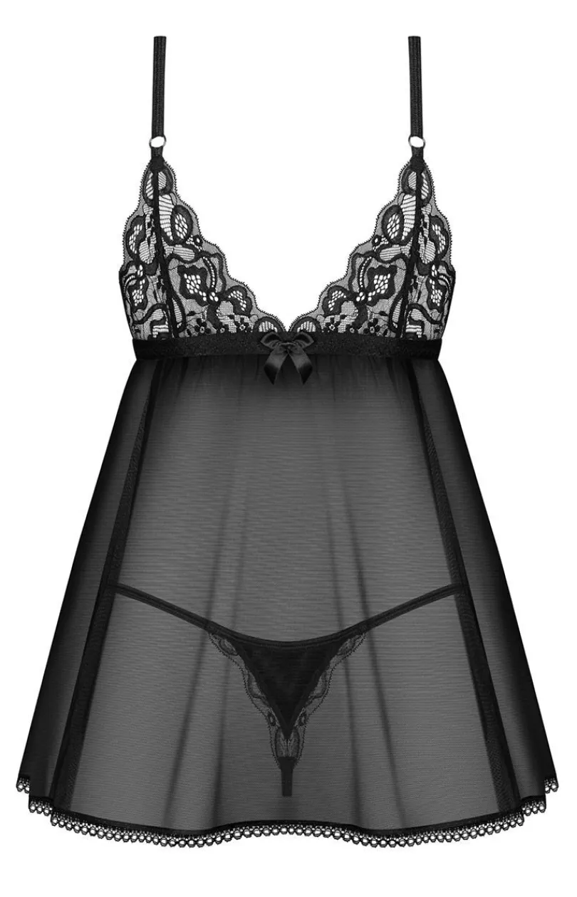Damskie Obsessive Koszulki|Seksowna Koszula Nocna - czarna koszulka babydoll i stringi Blomentis