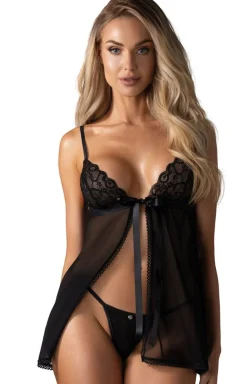 Damskie Obsessive Koszulki|Seksowna Koszula Nocna - czarna koszulka babydoll i stringi Blomentis