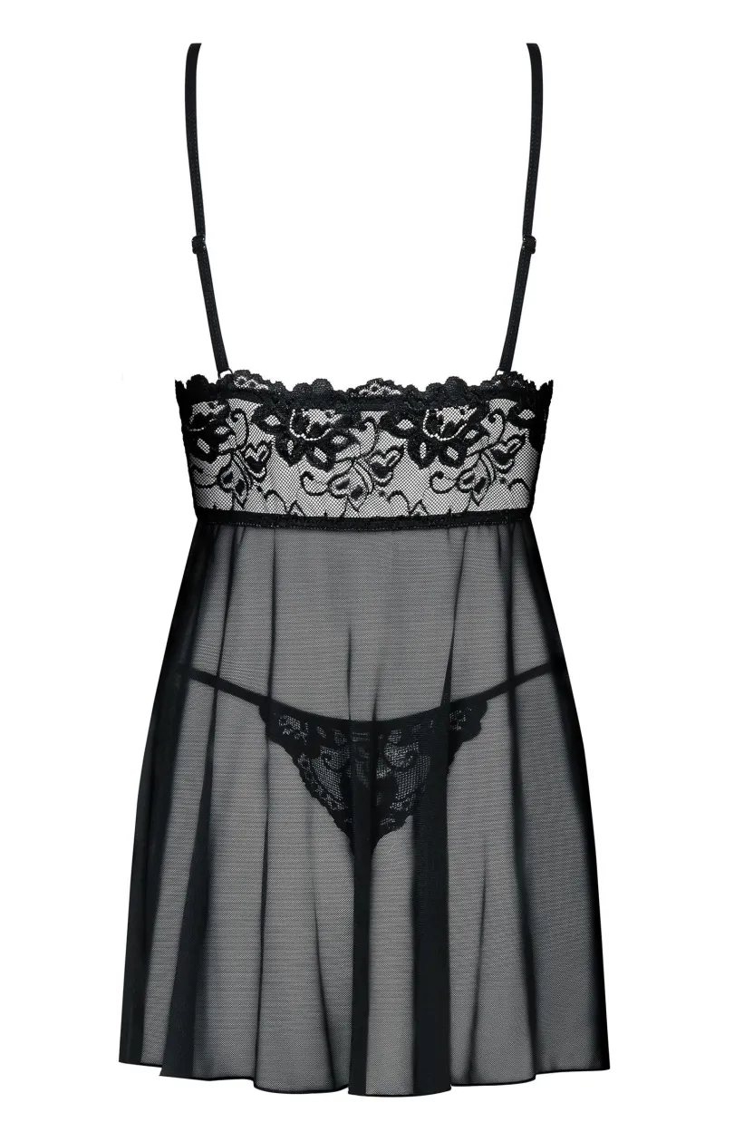 Damskie Obsessive Koszulki|Seksowna Koszula Nocna - czarna koszulka nocna babydoll i stringi Idillia