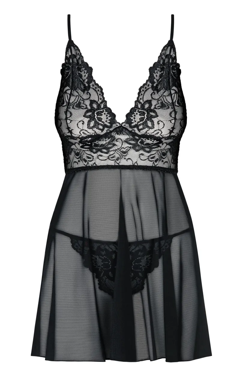 Damskie Obsessive Koszulki|Seksowna Koszula Nocna - czarna koszulka nocna babydoll i stringi Idillia