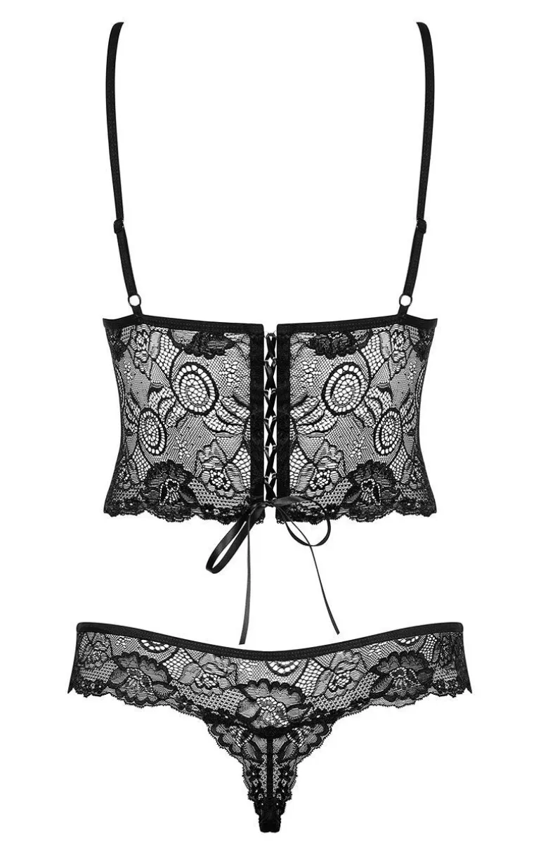 Obsessive czarne koronkowe body damskie z fiszbinami Alluria