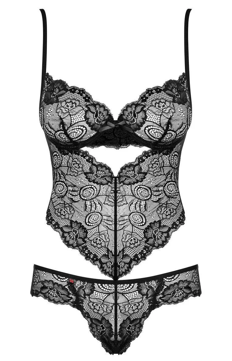 Obsessive czarne koronkowe body damskie z fiszbinami Alluria