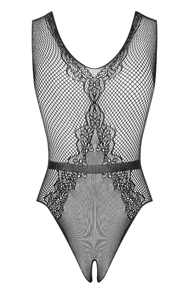 Obsessive czarne siateczkowe body damskie z otwartym krokiem B115