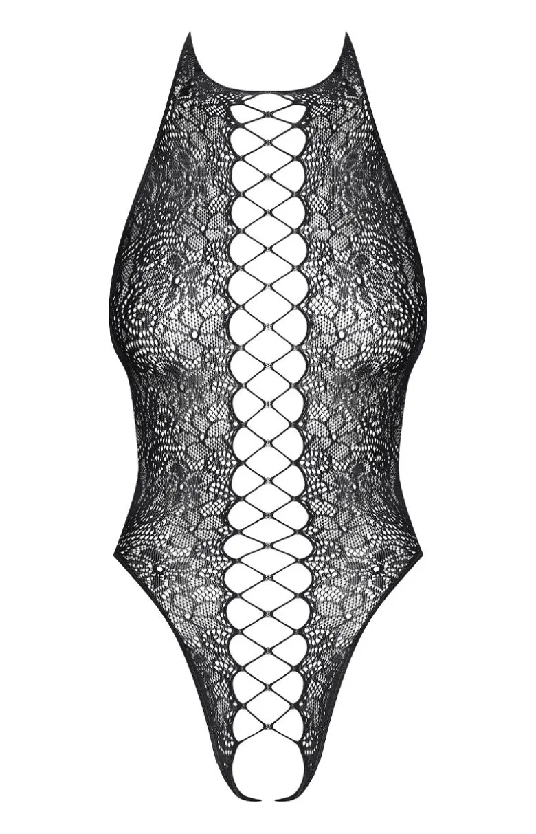 Obsessive czarne siateczkowe body damskie z otwartym krokiem B113
