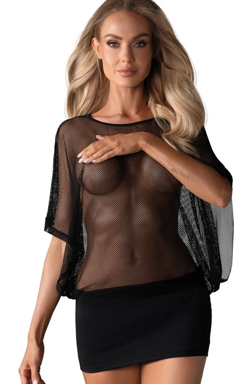 Damskie Obsessive Koszulki|Seksowna Koszula Nocna - czarny komplet siateczkowa koszulka i stringi Punker dress