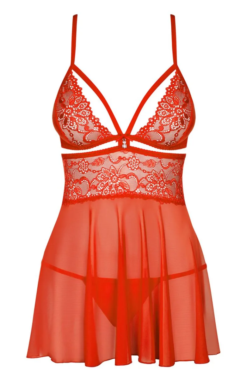 Damskie Obsessive Koszulki|Seksowna Koszula Nocna - czerwona koszulka babydoll i stringi 838-BAB-3