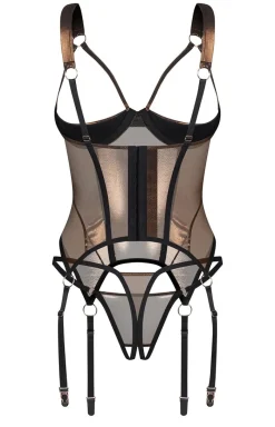 Obsessive Body|Bielizna Plus Size - połyskujący gorset i stringi z otwartym krokiem Soranna
