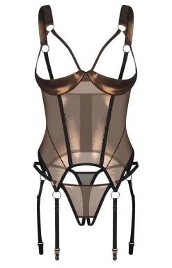 Obsessive Body|Bielizna Plus Size - połyskujący gorset i stringi z otwartym krokiem Soranna