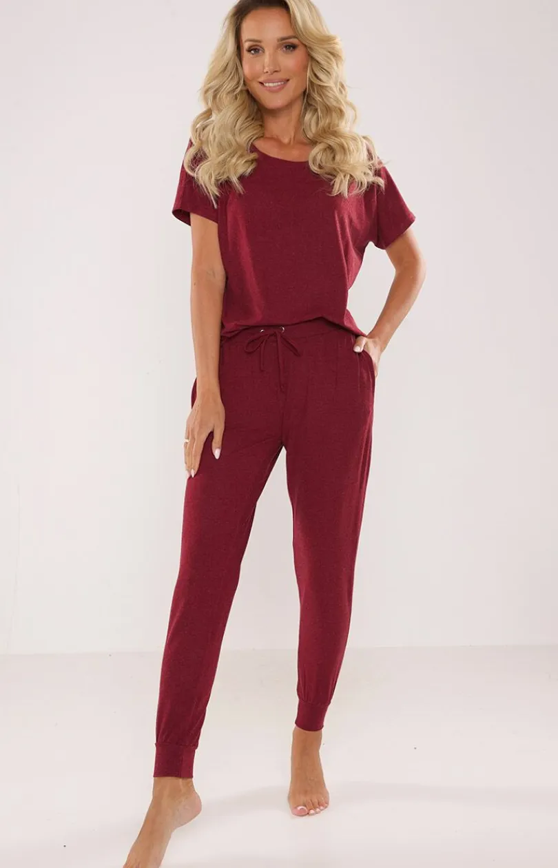 Damskie De Lafense Bielizna Homewear|Ciepłe Piżamy - Piżaa daka bordowa Paula 524
