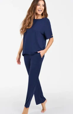 Damskie Italian Fashion Piżamy Damskie Długie - Piżama damka granatowa z krótkim rękawem i długą nogawką Akord