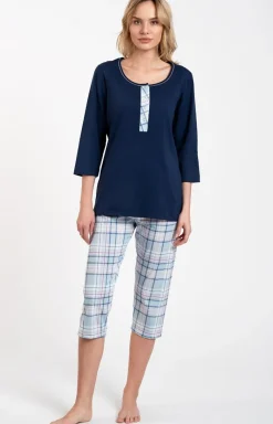 Damskie Italian Fashion Bielizna Ciążowa|Ciążowa Bielizna Nocna - Piżama damka granatowa z rękawem i nogawką 3/4 Aion