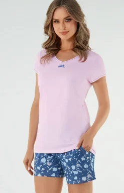 Damskie Italian Fashion Piżamy Bawełniane|Piżamy Damskie Krótkie - Piżama damska na krótki rękaw różowa Tulip