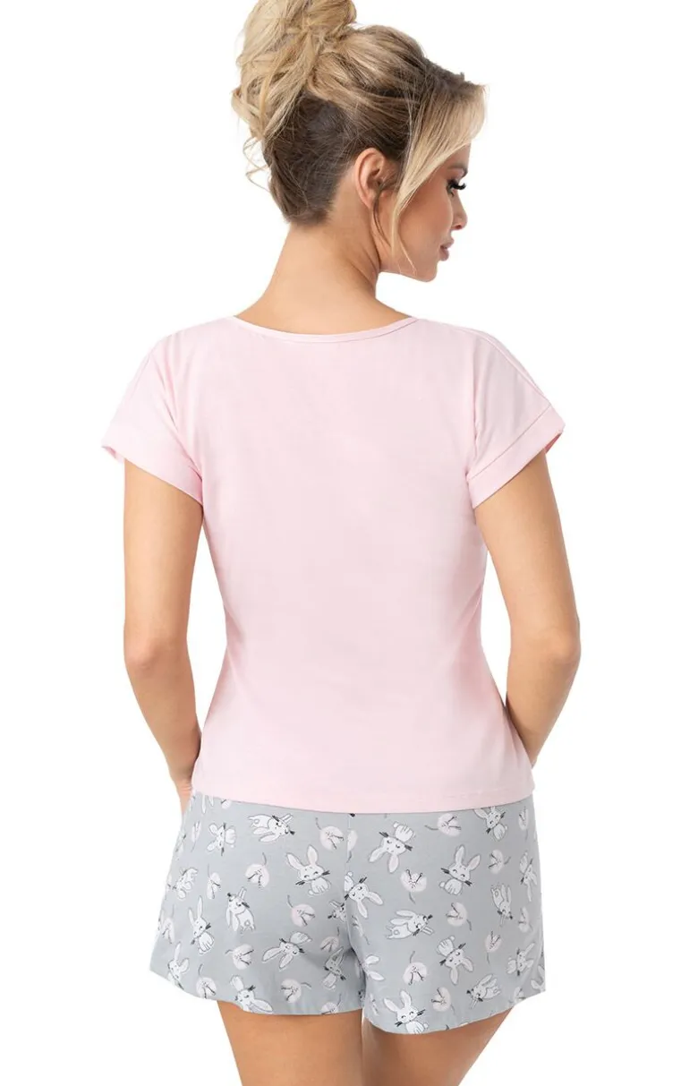 Piżama damska na krótki rękaw różowo-szara Bunny short