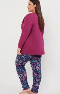 Damskie Italian Fashion Piżamy Bawełniane|Bielizna Homewear - Piżama damska z długim rękawem i długimi spodniami jeżynowa Folk