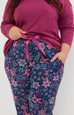 Damskie Italian Fashion Piżamy Bawełniane|Bielizna Homewear - Piżama damska z długim rękawem i długimi spodniami jeżynowa Folk