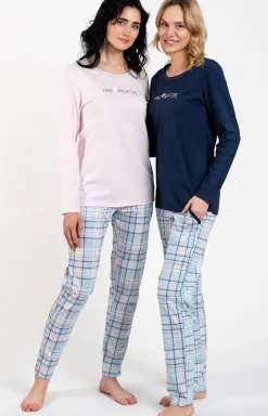 Damskie Italian Fashion Piżamy Bawełniane|Piżamy W Kratę - Piżama damska z długim rękawem i długą nogawką Glamour