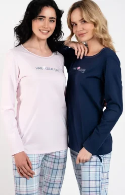 Damskie Italian Fashion Piżamy Bawełniane|Piżamy W Kratę - Piżama damska z długim rękawem i długą nogawką Glamour
