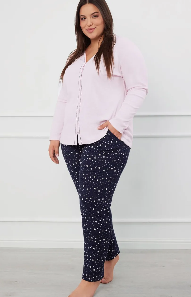 Damskie Italian Fashion Piżamy Bawełniane|Piżamy Rodzinne - Piżaa daska z długi rękawe różowo-granatowa ibra