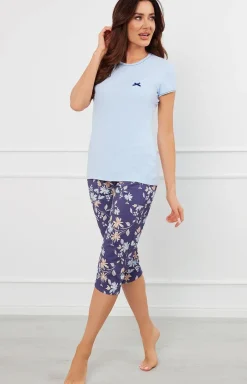 Damskie Italian Fashion Piżamy Bawełniane - Piżaa daska z krótki rękawe i 3/4 spodniai niebieska Puia