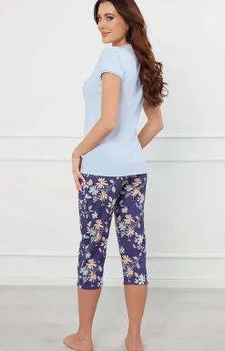 Damskie Italian Fashion Piżamy Bawełniane - Piżaa daska z krótki rękawe i 3/4 spodniai niebieska Puia