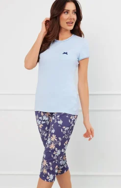 Damskie Italian Fashion Piżamy Bawełniane - Piżaa daska z krótki rękawe i 3/4 spodniai niebieska Puia