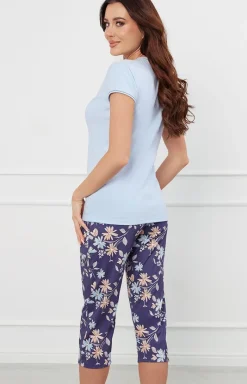 Damskie Italian Fashion Piżamy Bawełniane - Piżaa daska z krótki rękawe i 3/4 spodniai niebieska Puia