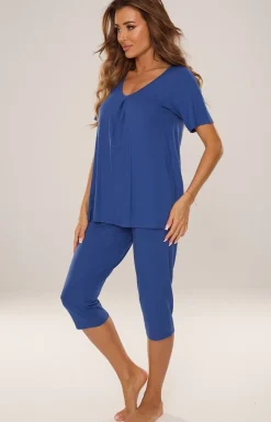 Piżama damska z krótkim rękawem i spodniami 3/4 kolor jeans DAHLIA 878