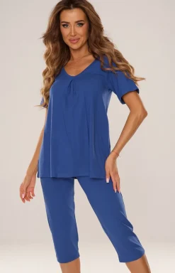 Piżama damska z krótkim rękawem i spodniami 3/4 kolor jeans DAHLIA 878