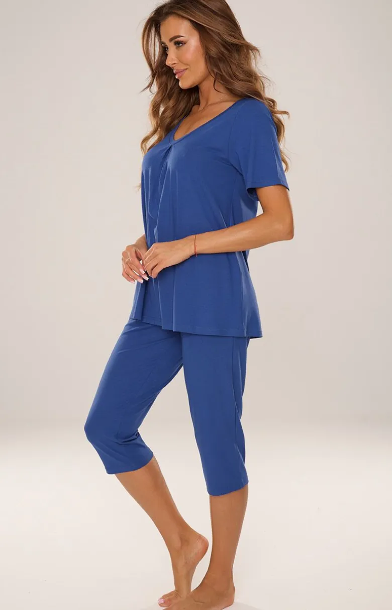 Piżama damska z krótkim rękawem i spodniami 3/4 kolor jeans DAHLIA 878