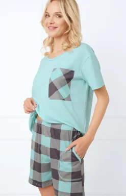 Damskie Italian Fashion Piżamy Bawełniane|Piżamy W Kratę - Piżaa daka z krótki rękawe i krótkii podenkai andra