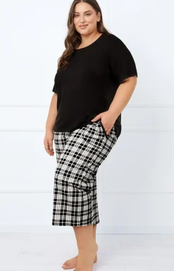 Damskie Italian Fashion Piżamy Bawełniane|Piżamy W Kratę - Piżama damska z krótkim rękawem i spodniami 7/8 Klara