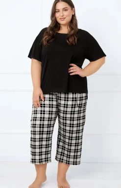 Damskie Italian Fashion Piżamy Bawełniane|Piżamy W Kratę - Piżama damska z krótkim rękawem i spodniami 7/8 Klara