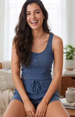 Damskie Passion Piżamy Damskie Krótkie|Bielizna Homewear - Piżaa daka z krótką nogawką niebieka EYIANE