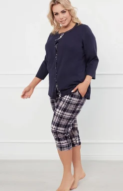 Damskie Italian Fashion Piżamy Rozpinane - Piżama damska z rękawem i spodniami 3/4 granatowa Dona
