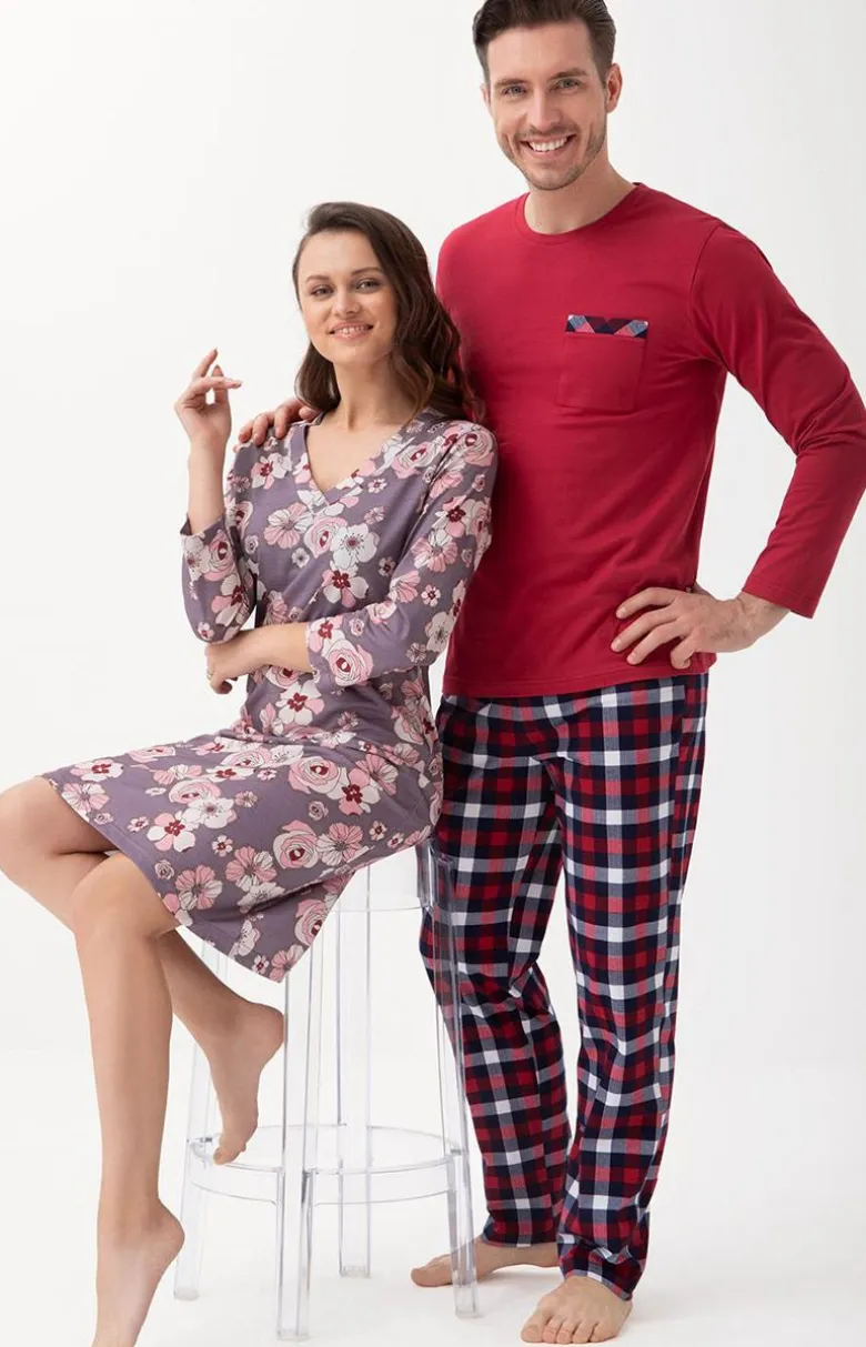 Piżama męska bordowa z spodniami w kratkę 805