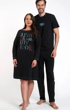 Damskie Italian Fashion Piżamy Bawełniane|Piżamy Damskie Długie - Piżama męka czarna z krótkim rękawem i długą nogawką Club