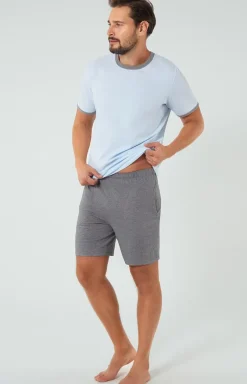 Męskie Italian Fashion Piżamy Męskie - Piżama męska z krótki rękawem niebiesko-szara Nikodem
