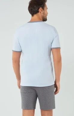 Męskie Italian Fashion Piżamy Męskie - Piżama męska z krótki rękawem niebiesko-szara Nikodem