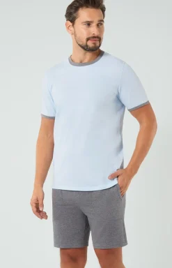Męskie Italian Fashion Piżamy Męskie - Piżama męska z krótki rękawem niebiesko-szara Nikodem