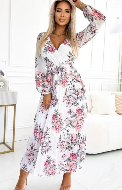 NUMOCO BASIC Moda - Plisowana sukienka midi z długim rękawkiem w róże 458-3 Geppi