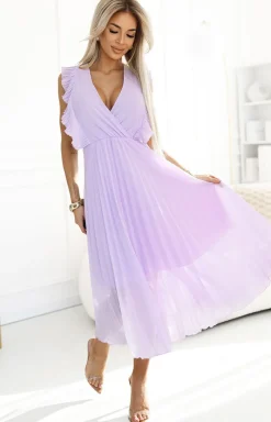 Numoco Moda - Plisowana sukienka z falbankami wrzosowa 315-7 Emily