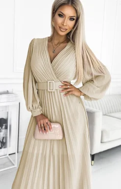 NUMOCO BASIC Moda - Plisowana sukienka z paskiem beżowa 414-8 Klara