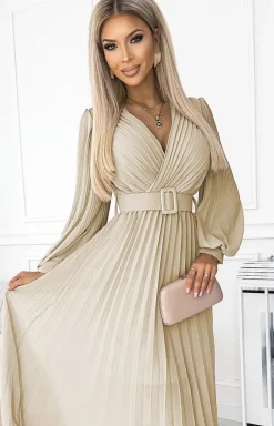 NUMOCO BASIC Moda - Plisowana sukienka z paskiem beżowa 414-8 Klara