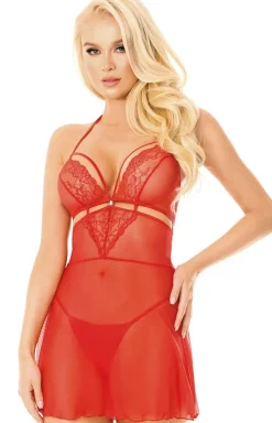 SoftLine Collection Koszulki Nocne - Przezroczysta czerwona koszulka z stringami Melania