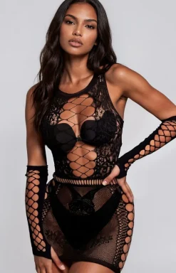 Siateczkowy komplet bielizny bodystocking sukienka i rękawiczki Marlamina XG030