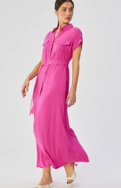 Stylove Moda - Sukienka axi rozpinana z krótkii rękawai liliowa S364